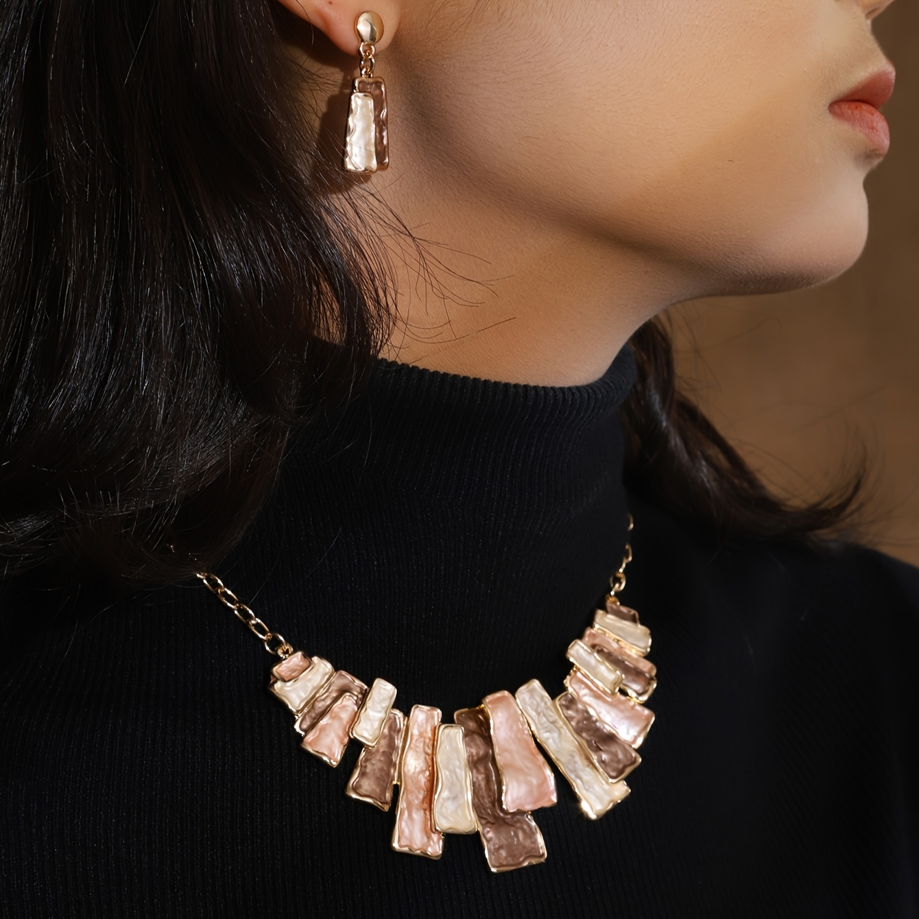Geometric Japanese Earrings & Khaki Necklace Set